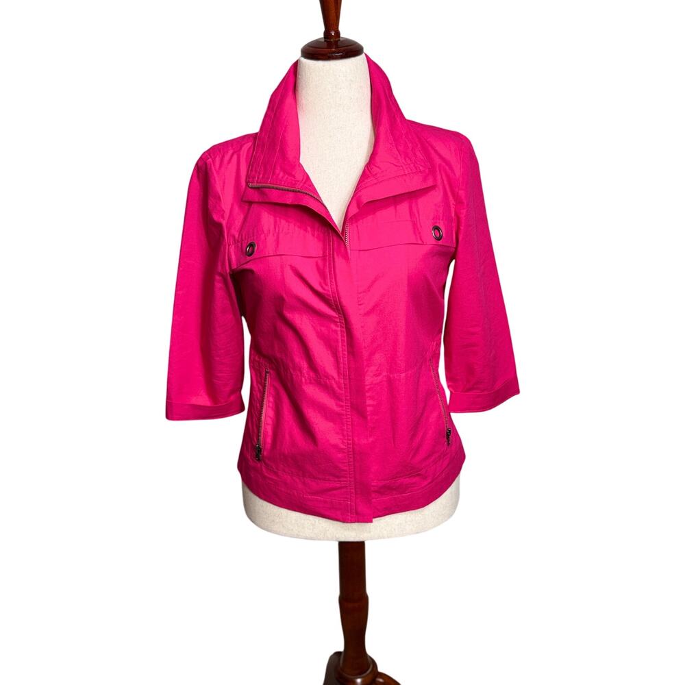 Chico's jacket 100% cotton 3/4 sleeve cinched waist pockets collar zip Sz 0 US S